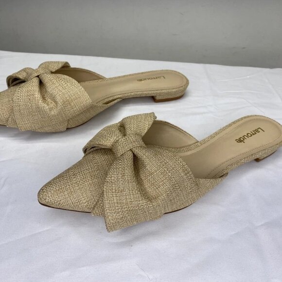 NEW LARROUDE Womens Mules Raffia Beige Size 6.5 Elle Flat Pointed Toe Slip-On - Picture 4 of 6